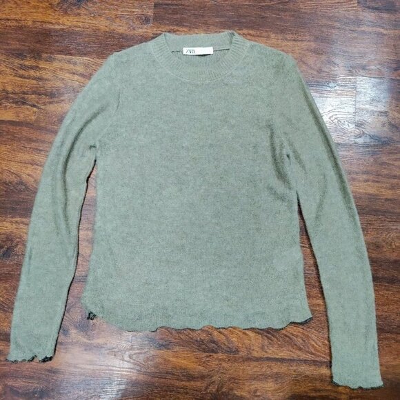 ZARA Wool Alpaca Blend Lightweight Base Layer Ruffled Hem Sweater Women's Small - Picture 2 of 10